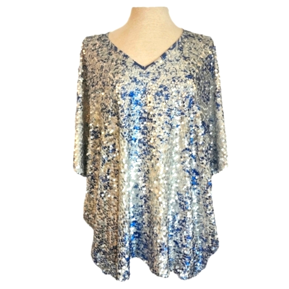Reba Top V-Neck Winter Jewels Shimmer Poncho Style Pullover Blue Size M